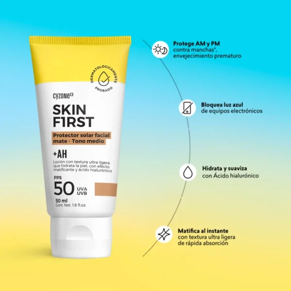 1070623-1600-auto Protector Solar Facial Skin First con color Tono Medio, 50ml